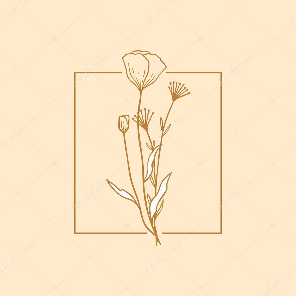 Floral poppy label for package. Wildflower logo sketch. Floral frame emblem for wedding, photographer brand, design. Outline vintage hand drawn herbs. Modern simple style. Vector illustration isolated