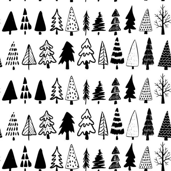 Kerstboom Naadloos Patroon Handgetekende Doodle Bos Achtergrond Retro Vakantie Wraping — Stockvector