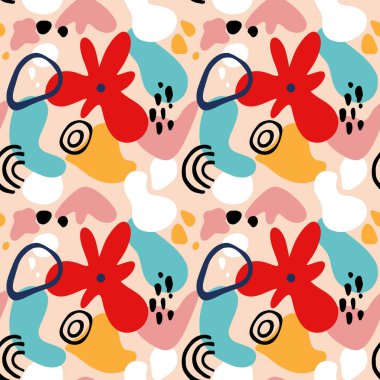 Geometrik şekilli, benekli ve tropik motifli soyut çiçek deseni. Modern şekilleri ve çiçek elementlerini tekrar et. Vektör kolaj tarzı illüstrasyon. Moda çiçek deseni.