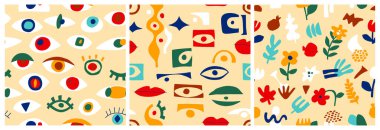 Göz soyut desen seti, geometrik şekiller çağdaş tarzda. Yunanlı vektör kusursuz desen, modern kolaj tarzında gözler. Soyut şekiller arka plan. Renkli el çizimi koleksiyonu