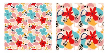 Geometrik şekilli, benekli ve tropik motifli soyut çiçek deseni. Modern şekilleri ve çiçek elementlerini tekrar et. Vektör kolaj biçimi illüstrasyonu.