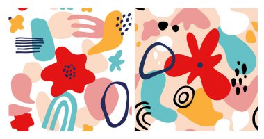 Geometrik şekilli, benekli ve tropik motifli soyut çiçek deseni. Modern şekilleri ve çiçek elementlerini tekrar et. Vektör kolaj biçimi illüstrasyonu.