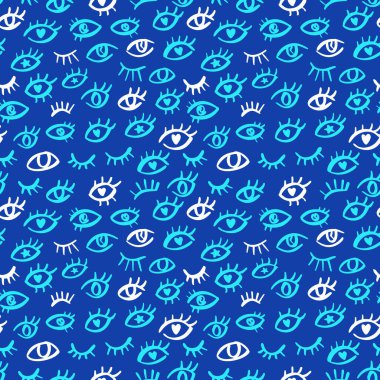 Soyut karalama bakışlı, mavi gözlü, pürüzsüz desen. El çizimi şeytani gözleri olan basit bir baskı tasarımı. Ambalaj için hippi grafik deseni, kumaş tasarımı. Göz kırp ve aç vektör çizimi.