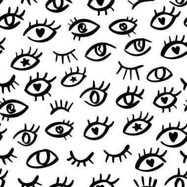 Soyut karalama bakışlı kusursuz bir göz deseni. El çizimi şeytani gözleri olan basit bir baskı tasarımı. Ambalaj için hippi grafik deseni, kumaş tasarımı. Süslemeyi tekrar et vektöründe gözleri aç ve göz kırp.