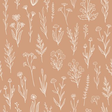 Yabani çiçek desenli, çiçekli, dikişsiz desen. Kırsal renklerde elle çizilmiş karalama çiçekleri olan Retro tarzı baskı tasarımı. Duvar kağıdı, ambalaj, kumaş tasarımı için basit alan desenleri