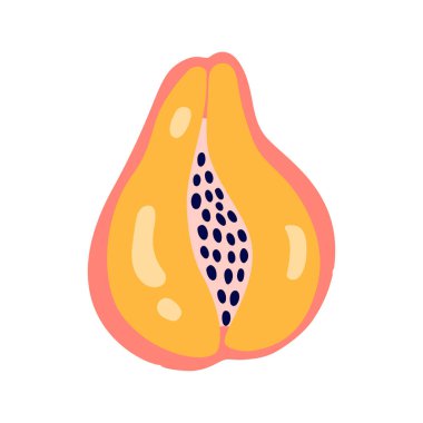 Beyaz arka planda soyut meyve ikonu papaya izole edildi. Elinde tohum olan papaya 'nın tropikal logosu. Basit bir stil. Vektör illüstrasyonunda parlak renk.