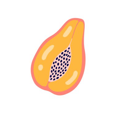 Beyaz arka planda soyut meyve ikonu papaya izole edildi. Elinde tohum olan papaya 'nın tropikal logosu. Basit bir stil. Vektör illüstrasyonunda parlak renk.
