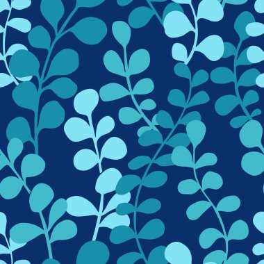 Okaliptüs siluetleri kusursuz desen. El yapımı okaliptüs yapraklı botanik baskı tasarımı koyu mavi arka planda. Basit çiçek desenli ambalaj, kumaş tasarımı. Çiçek çiçeği süsü..