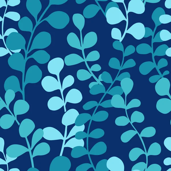 Okaliptüs siluetleri kusursuz desen. El yapımı okaliptüs yapraklı botanik baskı tasarımı koyu mavi arka planda. Basit çiçek desenli ambalaj, kumaş tasarımı. Çiçek çiçeği süsü..