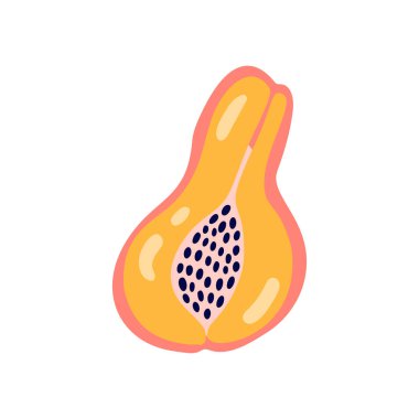 Beyaz arka planda soyut meyve ikonu papaya izole edildi. Elinde tohum olan papaya 'nın tropikal logosu. Basit bir stil. Vektör illüstrasyonunda parlak renk.