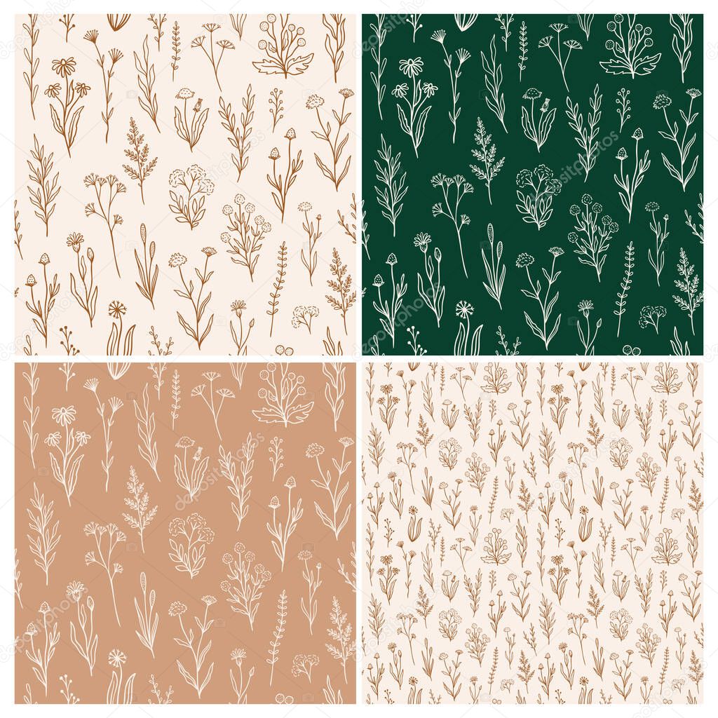 Wildflower seamless pattern set with outline florals. Retro style print design collection with hand drawn flowers in rustic colors. Simple field floral patterns for packaging, fabric design