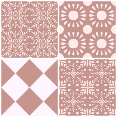 Döşeme Portekiz çiçeği pürüzsüz desen seti. Tozlu gül rengi geometrik arkaplan koleksiyonu. Geleneksel azulejo tekrarlayan süs. Vektör monokrom deseni. Kumaş, ambalaj için soyut vintage baskı.