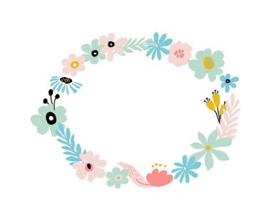 Pastel renklerde soyut çiçek çerçevesi. Yaz çiçeği desenli çelenk. Beyaz arkaplanda vektör illüstrasyon izolasyonu. Karalama çiçek kartı şablonu. Moda bileşimi.