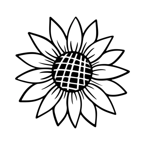 Sunflower simple icon. Flower silhouette vector illustration. Sunflower graphic logo, hand drawn icon for packaging, decor. Petals frame, black silhouette isolated on white background.