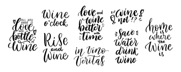 Wine Vector Quote Set Positive Funny Sayings Poster Cafe Bar — Stock Vector