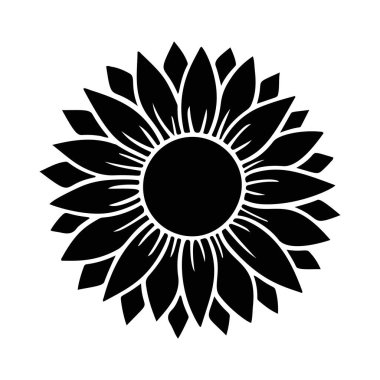 Ayçiçeği simgesi. Çiçek silueti vektör çizimi. Ayçiçeği grafik logosu, ambalaj için el çizimi simge, dekor. Yaprak çerçeve, siyah siluet beyaz arkaplanda izole edilmiş