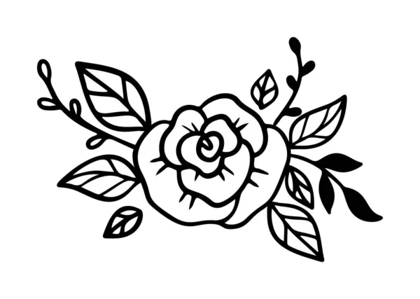 Doodle diadema flor com rosa e folhas. Coroa floral em estilo de arte linha. Buquê para headband para mulheres acessório. Ilustração vetorial isolada sobre fundo branco. Desenho de grinalda floral. —  Vetores de Stock
