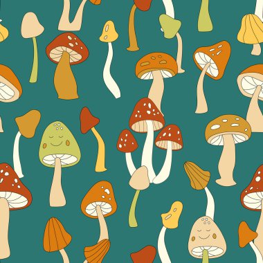 70 'lerin retro mantar vektörü kusursuz desen. Mantarlı eski moda çiçek desenleri var. Akarik sinekler. Duvar kağıdı, afiş, tekstil tasarımı, kumaş, ambalaj için şirin mantar baskısı