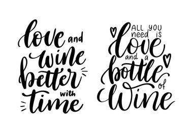 Kafede, barda, tişört tasarımında posterler için bir dizi komik şarap deyişi. Aşk ve şarap, vektör tırnak koleksiyonu. Mürekkep kaligrafi tarzında grafiksel harfler. Vektör illüstrasyonu beyaz arkaplanda izole edildi
