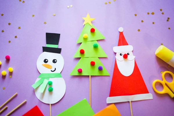 Paper Craft Kids Snowman Santa Claus Christmas Tree Purple Background — Stock Photo, Image