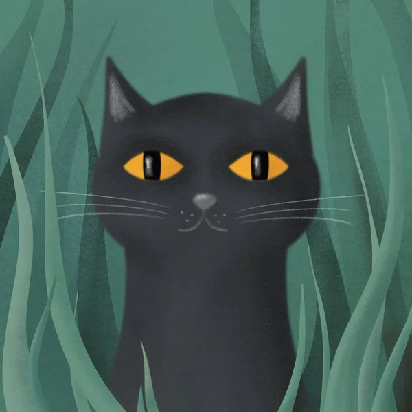 a black cat with yellow eyes hides in a thicket of grass. pet animal drawing