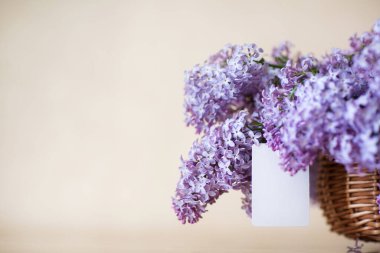 Üzerinde kartvizit olan bir sepet leylak çiçeği masanın üstünde. Uluslararası Kadınlar Günü için fotokopi alanı ile uyumlu arkaplan.