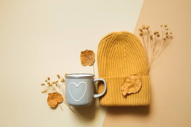 Sarı örülmüş şapka ve bej arka planda kuru sonbahar yaprakları. Sıcak bir düşüş.