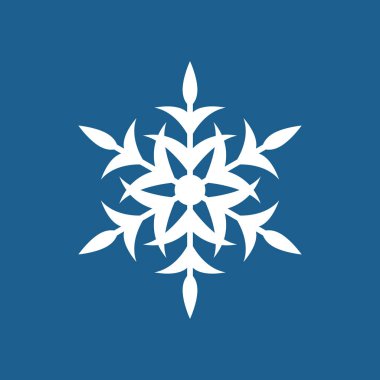 Kar tanesi simgesi, mavi arkaplanda beyaz kar tanesi, vektör izole edilmiş sembol.