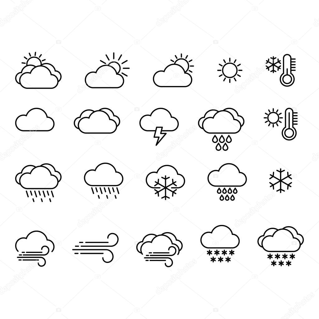 Weather icons. Contains symbols of the sun, clouds, snowflakes, wind.