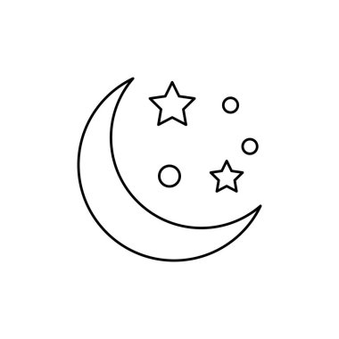 Beyaz Arkaplanda Yıldızlar Çizgisi Simgesi Olan Ay. Kalınlığı düzenlenmiş. Minimalist stil.