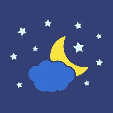 Ay, yıldızlar ve bulutlar arka planda vektör simgesi. Gece gökyüzü simgesi.