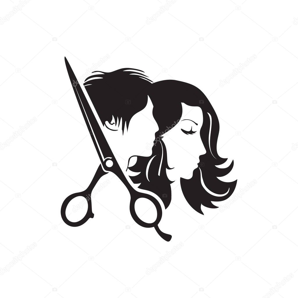 Hairdresser logo, Beauty salon logo with man and woman silhouettes, vector illustration.