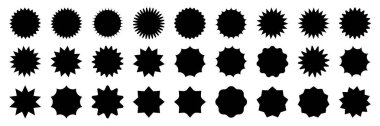 Güneş patlaması rozetlerini hazırla. Bir dizi vektör yıldız patlaması, güneş patlaması rozetleri. Basit düz stil vintage etiketler, çıkartmalar. Koleksiyon yıldızı etiketi. Farklı yıldız patlaması.