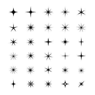 Parıltılar, yıldızlar ve patlayan ikonlar, parıldayan yıldızlar. Parlayan ışık efekti yıldızı. Parıltı, parıltı. Noel vektör simgeleri izole.