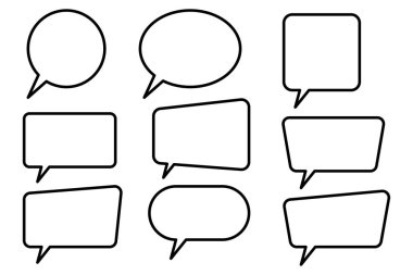 Konuşma Baloncukları Özetlenmiş Çember Bozulmuş Dikdörtgen ve Kare Boş Moda Şekilleri, Beyaz Arkaplanda Siyah elementler, Vektör Düz Grafik Tasarımı