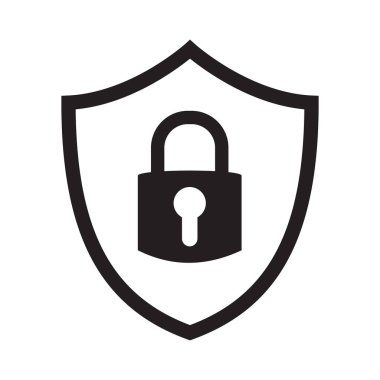 Kilit sembollü kalkan güvenliği. Koruma, güvenlik, şifre güvenlik vektör çizimi. Güvenlik duvarı gizlilik levhası. Giriş sayfası için güvenlik simgesini kilitle. Web sitesi koruma amblemi.