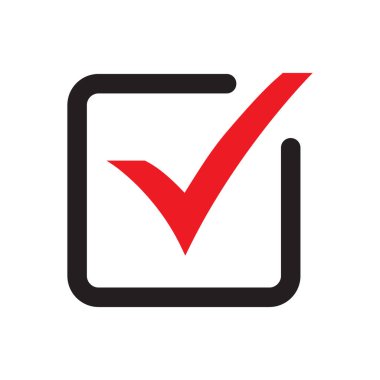 Kırmızı kene simgesi vektör sembolü, beyaz arka planda izole onay işareti, işaretli simge veya doğru seçim işareti, onay işareti veya onay kutusu piktogram