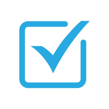 Mavi onay simgesi vektör sembolü, beyaz arka planda yalıtılmış onay işareti, işaretlenen simge veya doğru seçim işareti, onay işareti veya onay kutusu piktogramı