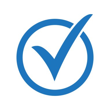 Mavi onay simgesi vektör sembolü, beyaz arka planda yalıtılmış onay işareti, işaretlenen simge veya doğru seçim işareti, onay işareti veya onay kutusu piktogramı