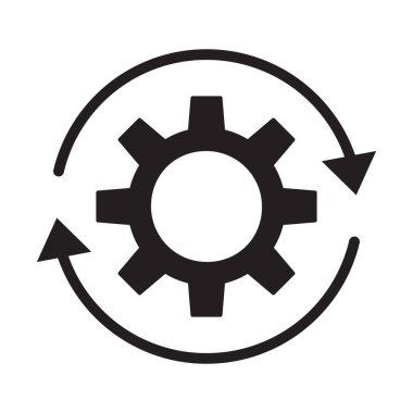 Geliştirme simgesi. Çalışma süreci simgesi düz biçimdedir. Beyaz izole edilmiş arka planda ok vektör çizimi olan dişli dişli çarkı. İş akışı iş kavramı.