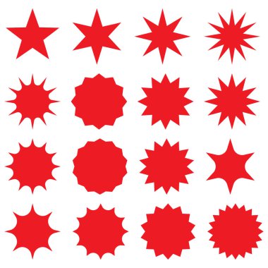 Güneş patlaması rozetlerini hazırla. Bir dizi vektör yıldız patlaması, güneş patlaması rozetleri. Basit düz stil vintage etiketler, çıkartmalar. Koleksiyon yıldızı etiketi. Farklı yıldız patlaması.