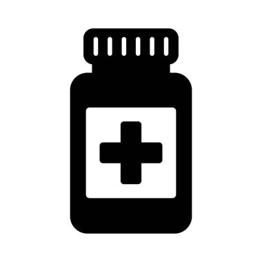 Pharmacy Bottle Icon with Medical Cross Symbol.