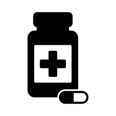 İlaç Şişesi ve Haplar İkon Eczanesi, Sağlık ve Tıbbi Tedavi Sembolü, Vektör İllüstrasyonu