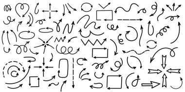 El Çizimi Eğri Oklar Sketchy Arrow Sembolleri, Doodle Biçimli Vektör Resimleri Ayarla
