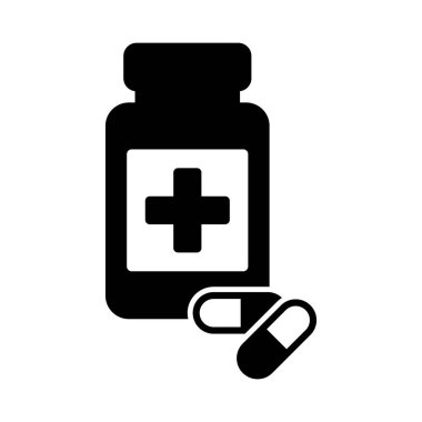İlaç Şişesi ve Haplar İkon Eczane ve Sağlık Sembolü, Tıbbi Uyuşturucu ve Tedavi Vektörü İllüstrasyonu