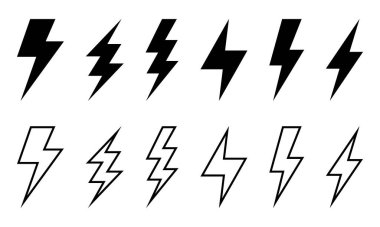 Elektrik Yıldırımı Şimşeği Simgeleri Ayarlandı. Katı ve Satır Biçimleri.