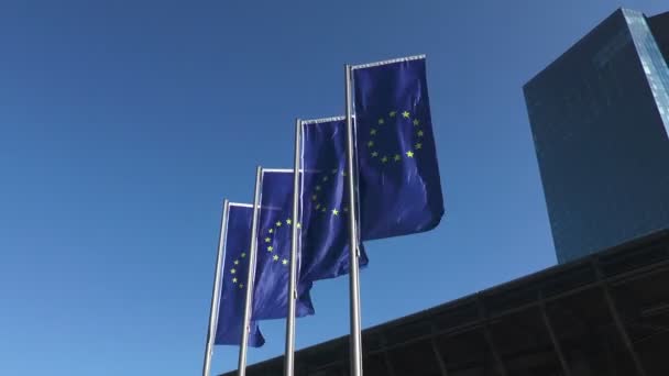 European flags in front of ECB/EZB Frankfurt, Germany — Stock Video