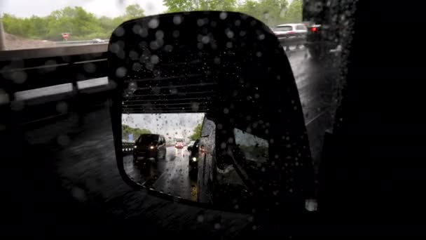 Driving German Highway Rainy Day View Rear View Mirror — ストック動画