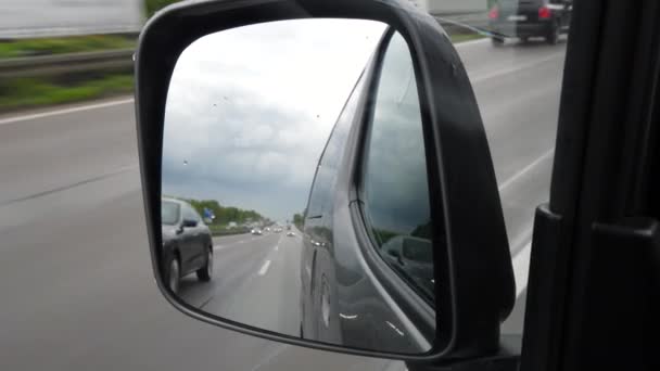 Driving German Highway Rainy Day View Rear View Mirror — ストック動画