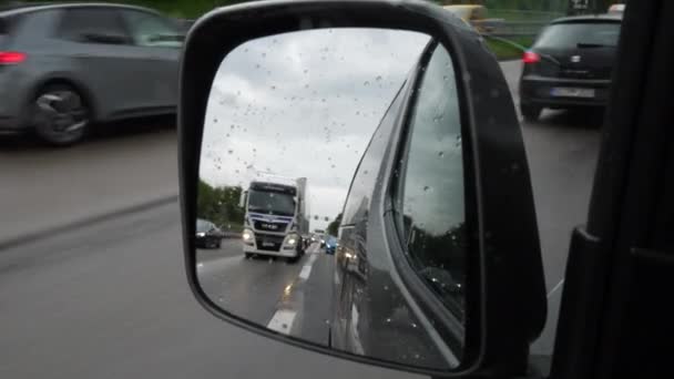 Driving German Highway Rainy Day View Rear View Mirror — Stock Video